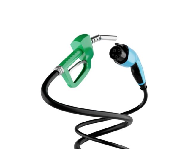 A petrol pump and electric vehicle charging lead