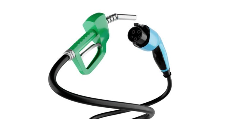 A petrol pump and electric vehicle charging lead