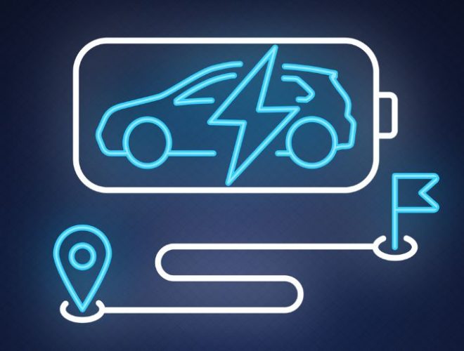 A drawing of a car with a lightning bolt through it and a journey marker underneath