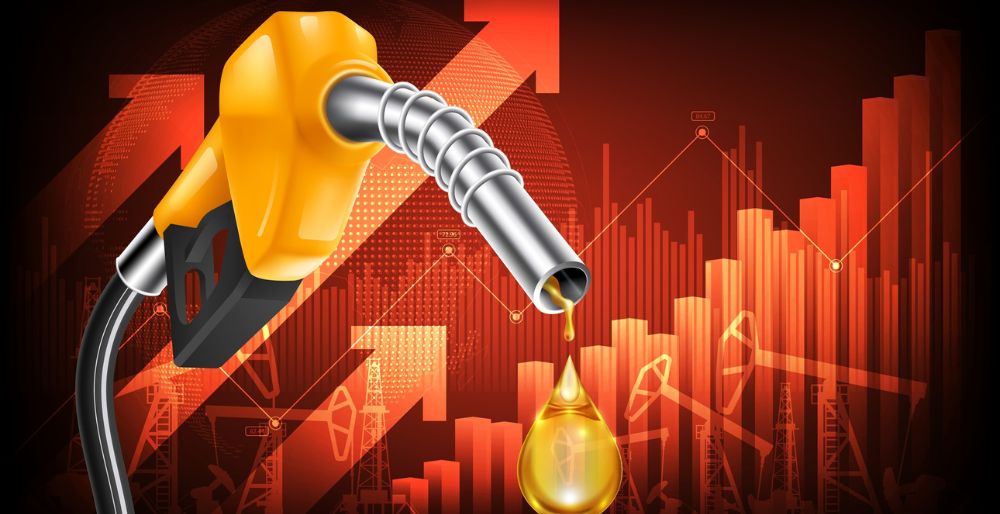 Oil price rising concept Gasoline yellow fuel pump nozzle isolated with drop oil on red growth bar chart background, vector illustration